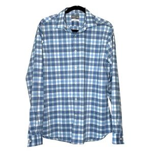 MICHAEL KORS Mens L  16 34/35 Blue White Plaid Slim Fit Airsoft Button Up Shirt.